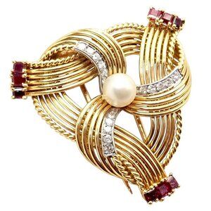 Vintage Cartier 18k Yellow Gold Diamond Ruby Pearl Pin Brooch 1960s